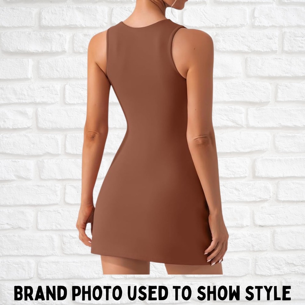 QINSEN Square Neck Brown Mini Dress Women's Size 4 Sleeveless Stretch Activewear - Picture 2 of 14